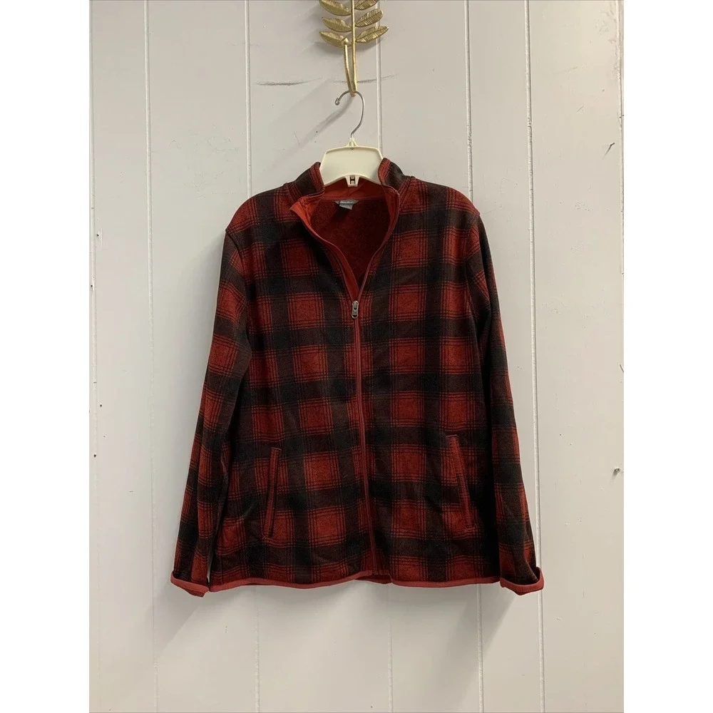Eddie Bauer Sweater Women Large Fleece Flannel Red Black Zip‎ Up Outdoor Coat